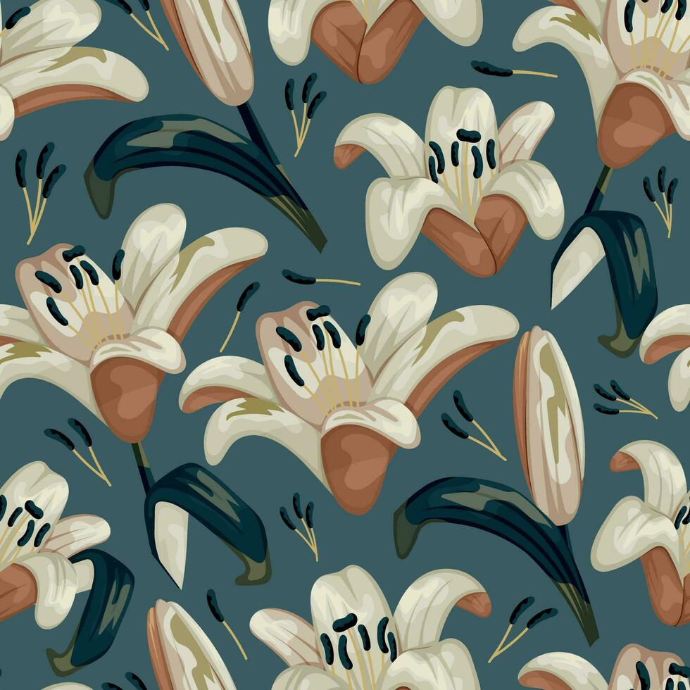 Beautiful cartoon blooming lily bud. Vector seamless pattern, flower with stem and leaves.