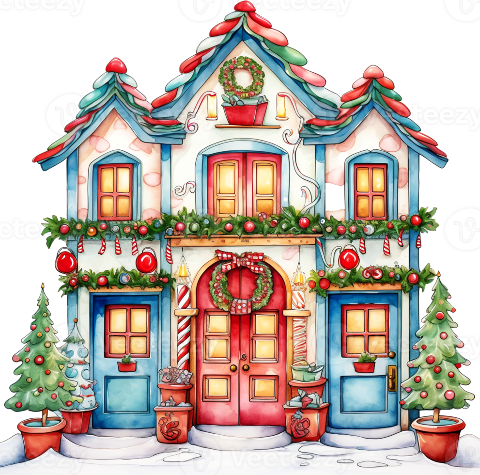 AI Generative Watercolor Christmas Cute Red Door Clipart Winter Xmas Ornaments Holiday House Festive Home Decor Christmas Trees png