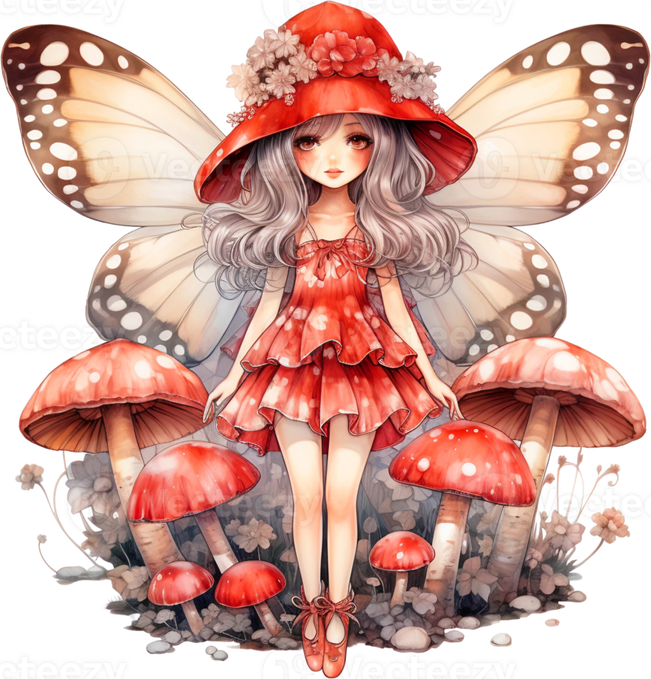 AI Generative Watercolor Enchanted Mushroom Fairies clipart House Fantasy Fairyland Cute Forest Fairy Fly Agaric girl gnome Floral Little Fairies Sublimation png