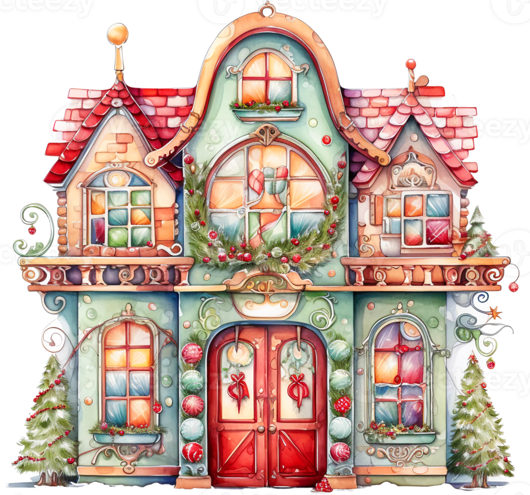 AI Generative Watercolor Christmas Cute Red Door Clipart Winter Xmas Ornaments Holiday House Festive Home Decor Christmas Trees png