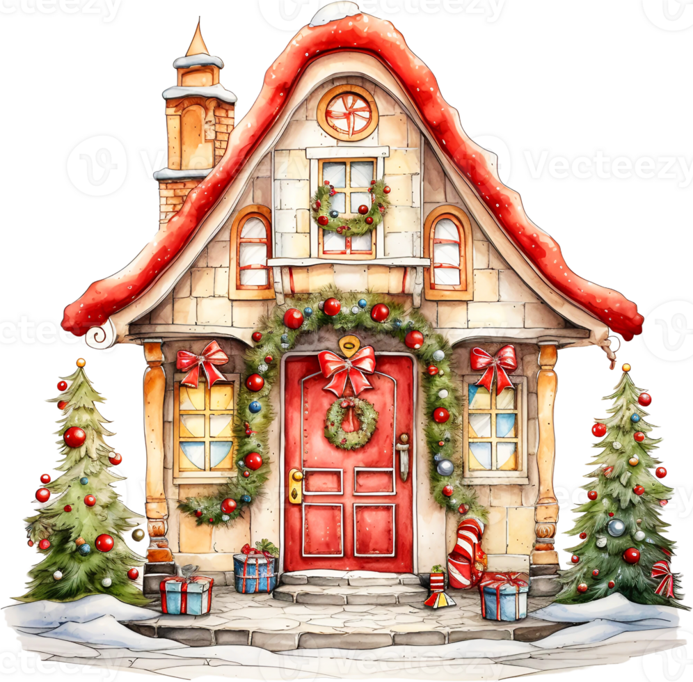 ai generativ vattenfärg jul söt röd dörr ClipArt vinter- xmas ornament Semester hus festlig Hem dekor jul träd png