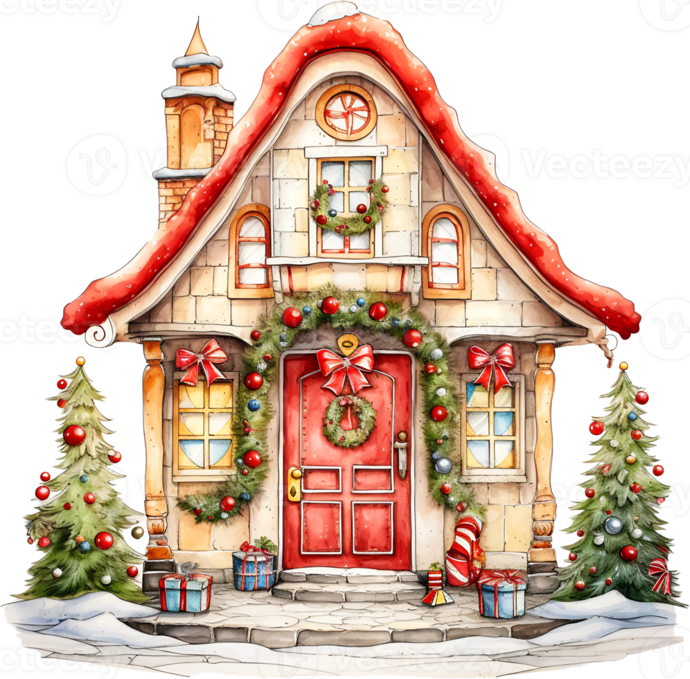 AI Generative Watercolor Christmas Cute Red Door Clipart Winter Xmas Ornaments Holiday House Festive Home Decor Christmas Trees png