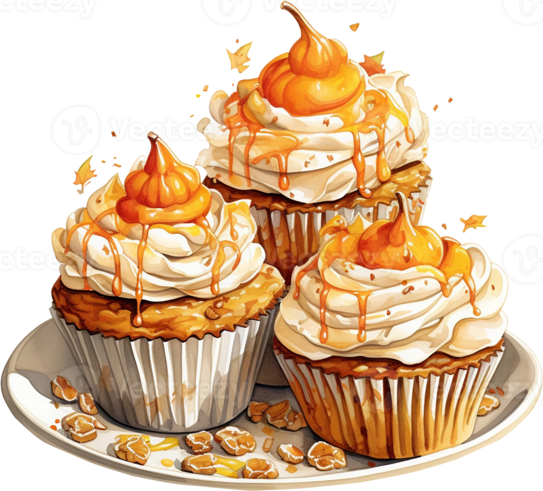 AI Generative Watercolor Fall Dessert Clipart Delicious Fall Pumpkin Spice Holiday Treats Thanksgiving Cozy Autumn Sweet png
