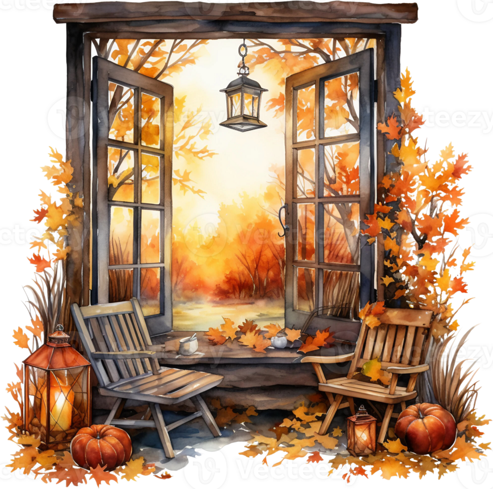 AI Generative Watercolor Auntumn Windows Clipart Fall Holiday Scenes Card Making Seasonal autumn leaves Cozy Fall farmhouse png