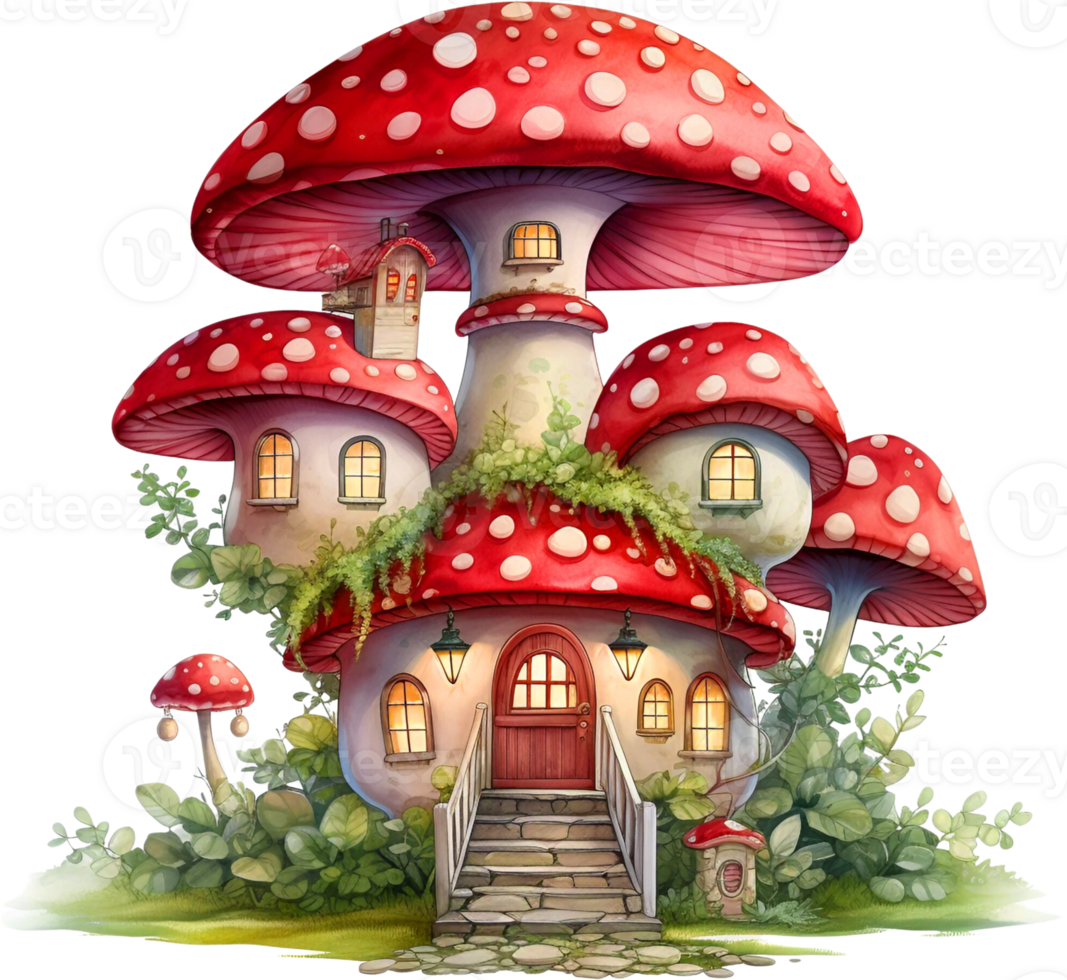 AI Generative Watercolor Enchanted Mushroom Fairies clipart House Fantasy Fairyland Cute Forest Fairy Fly Agaric girl gnome Floral Little Fairies Sublimation png