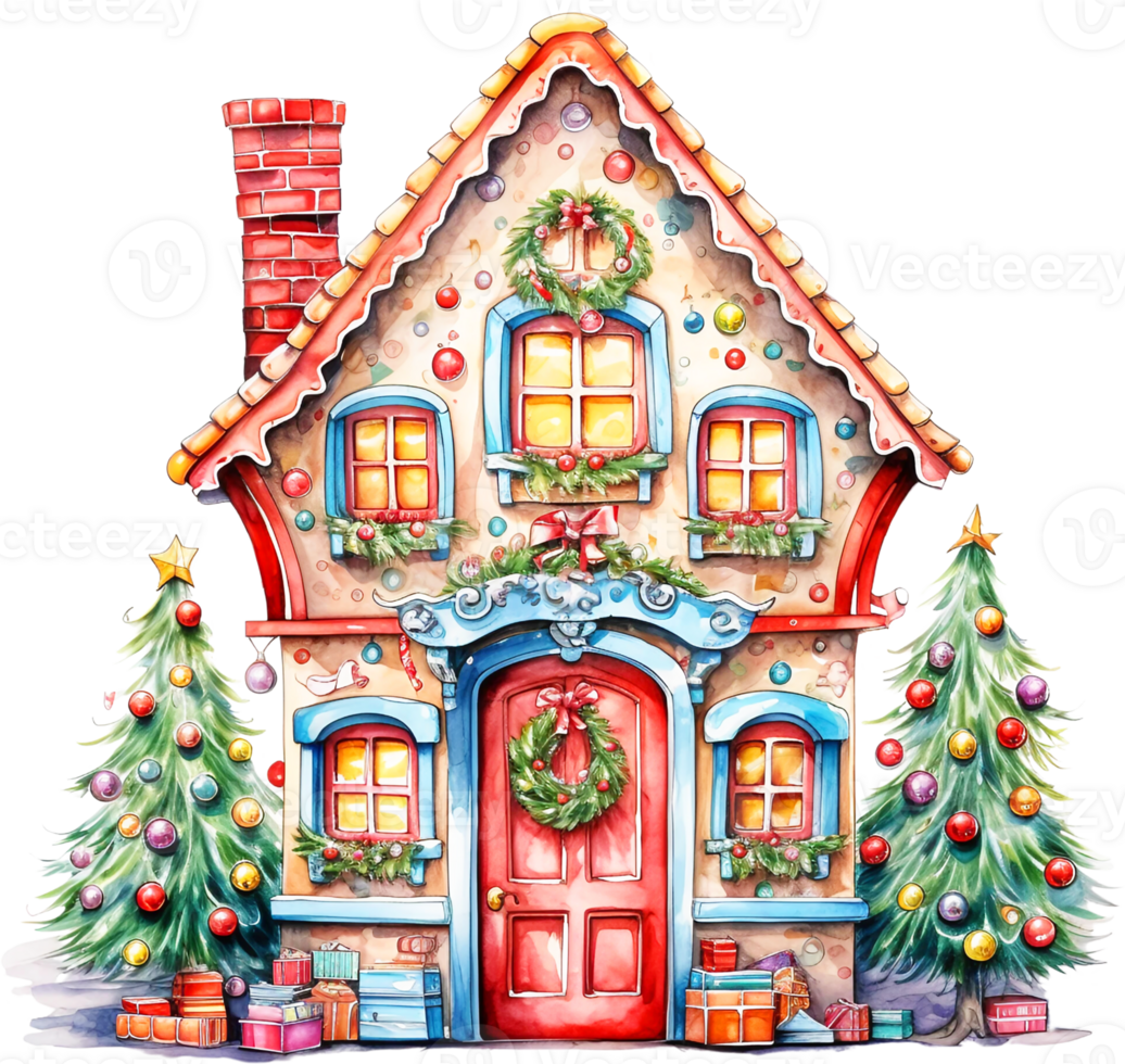 AI Generative Watercolor Christmas Cute Red Door Clipart Winter Xmas Ornaments Holiday House Festive Home Decor Christmas Trees png