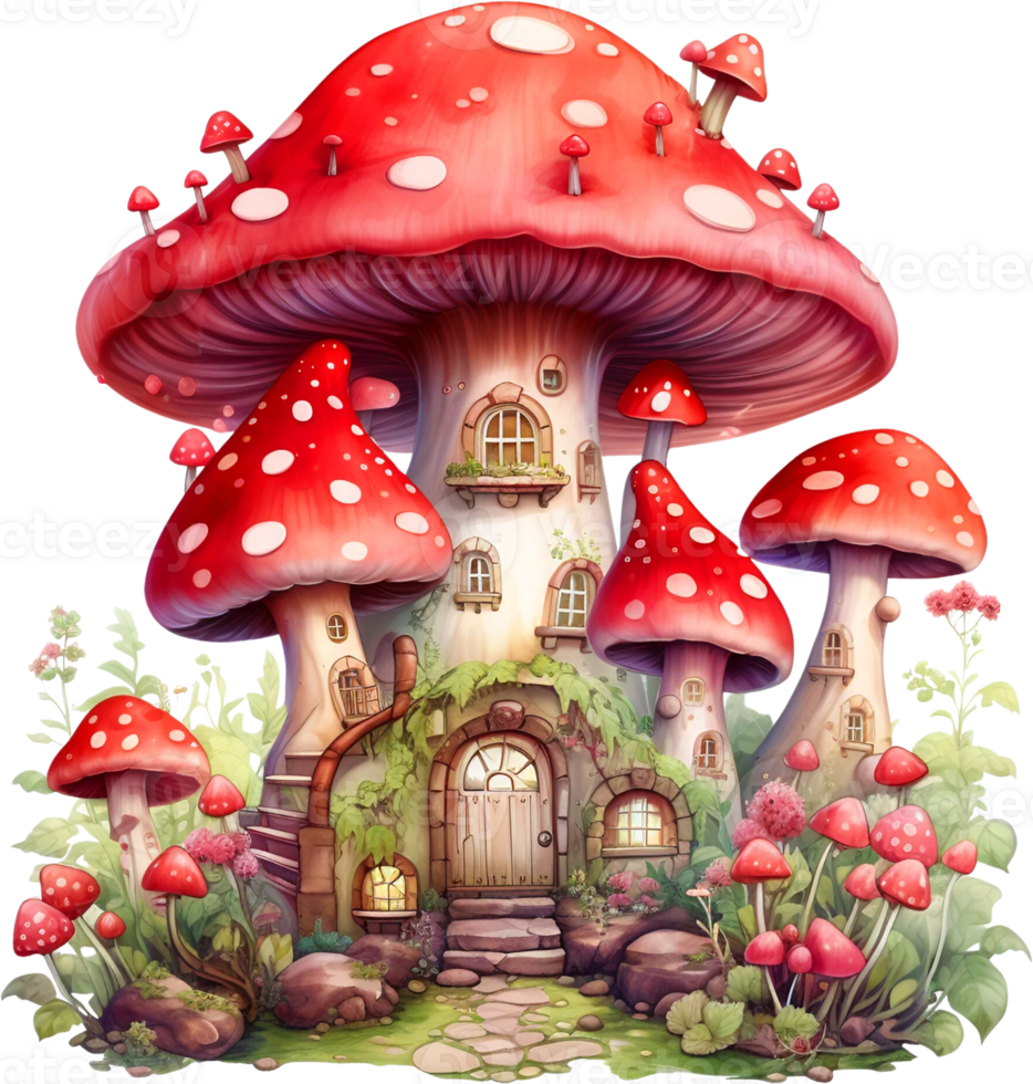 AI Generative Watercolor Enchanted Mushroom Fairies clipart House Fantasy Fairyland Cute Forest Fairy Fly Agaric girl gnome Floral Little Fairies Sublimation png