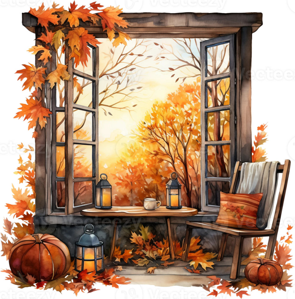 AI Generative Watercolor Auntumn Windows Clipart Fall Holiday Scenes Card Making Seasonal autumn leaves Cozy Fall farmhouse png