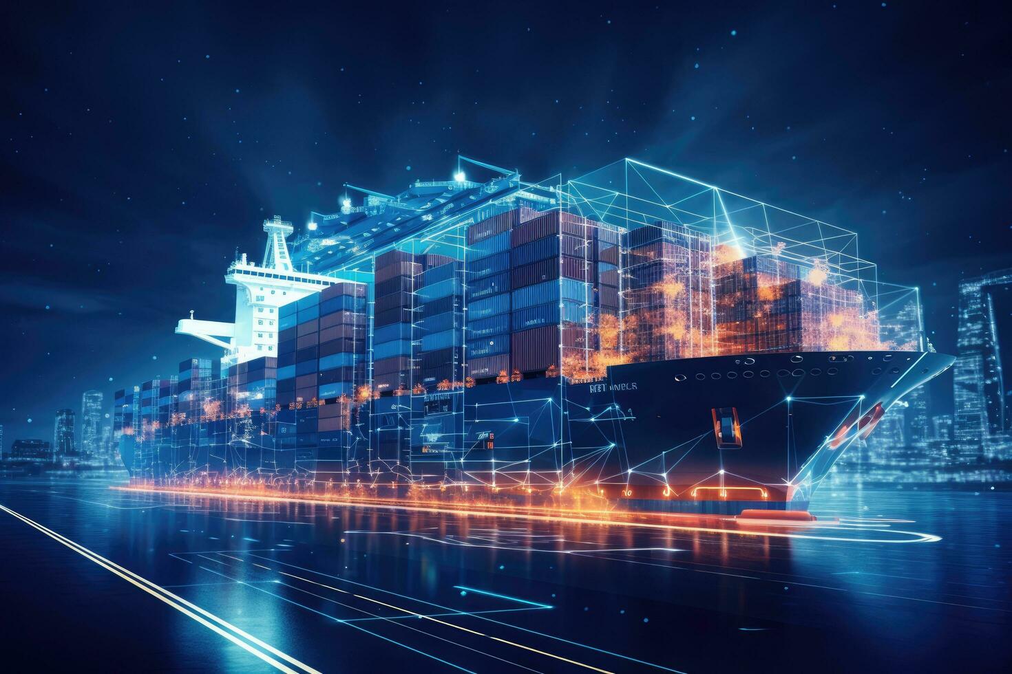 Containers shipping and logistics concept with night city scene. 3D Rendering, Incorporating new tech for ship transport and cargo regulation, AI Generated photo