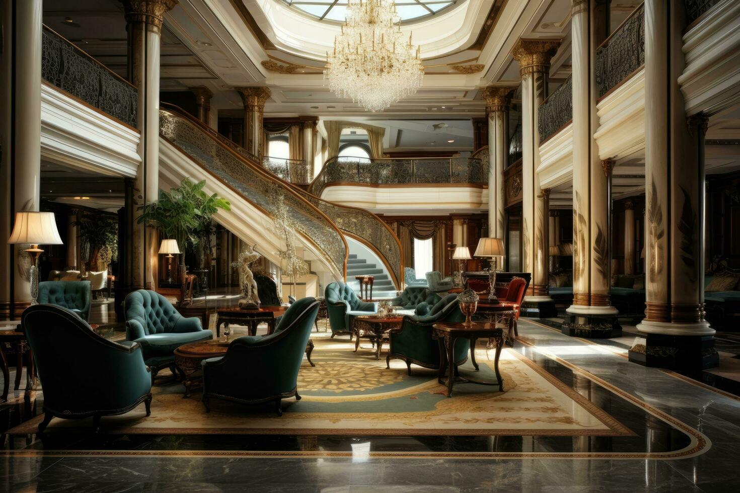 Luxury interior of the hotel lobby. Luxury hotel lobby, Interior of a hotel lobby. Luxury hotel lobby interior, AI Generated photo