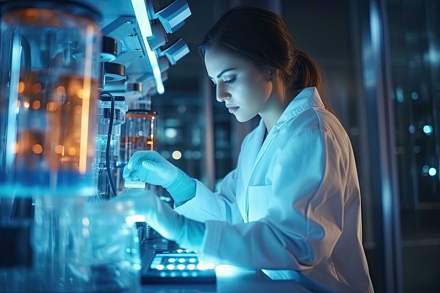 Attractive female scientist working in laboratory. She is using a microscope and looking at it, In Bio Technological Laboatory Female Research Scientist Analyzes Test Tube in Medical, AI Generated photo