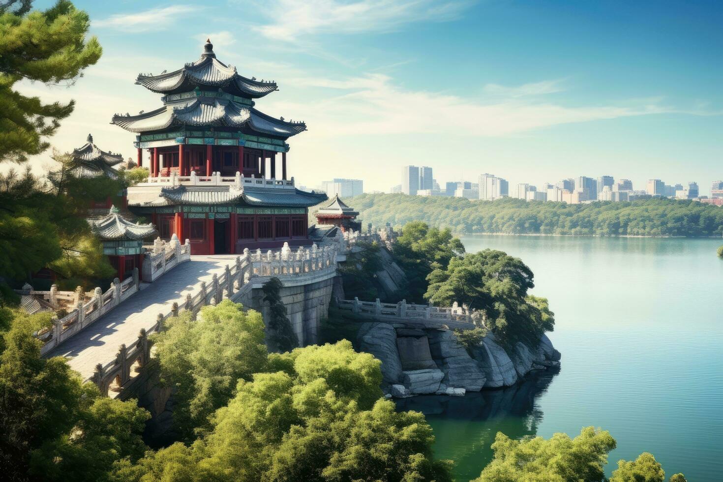 el verano palacio en Beijing, porcelana. el verano palacio es un la unesco mundo patrimonio sitio, imperial verano palacio en Beijing, China, ai generado foto
