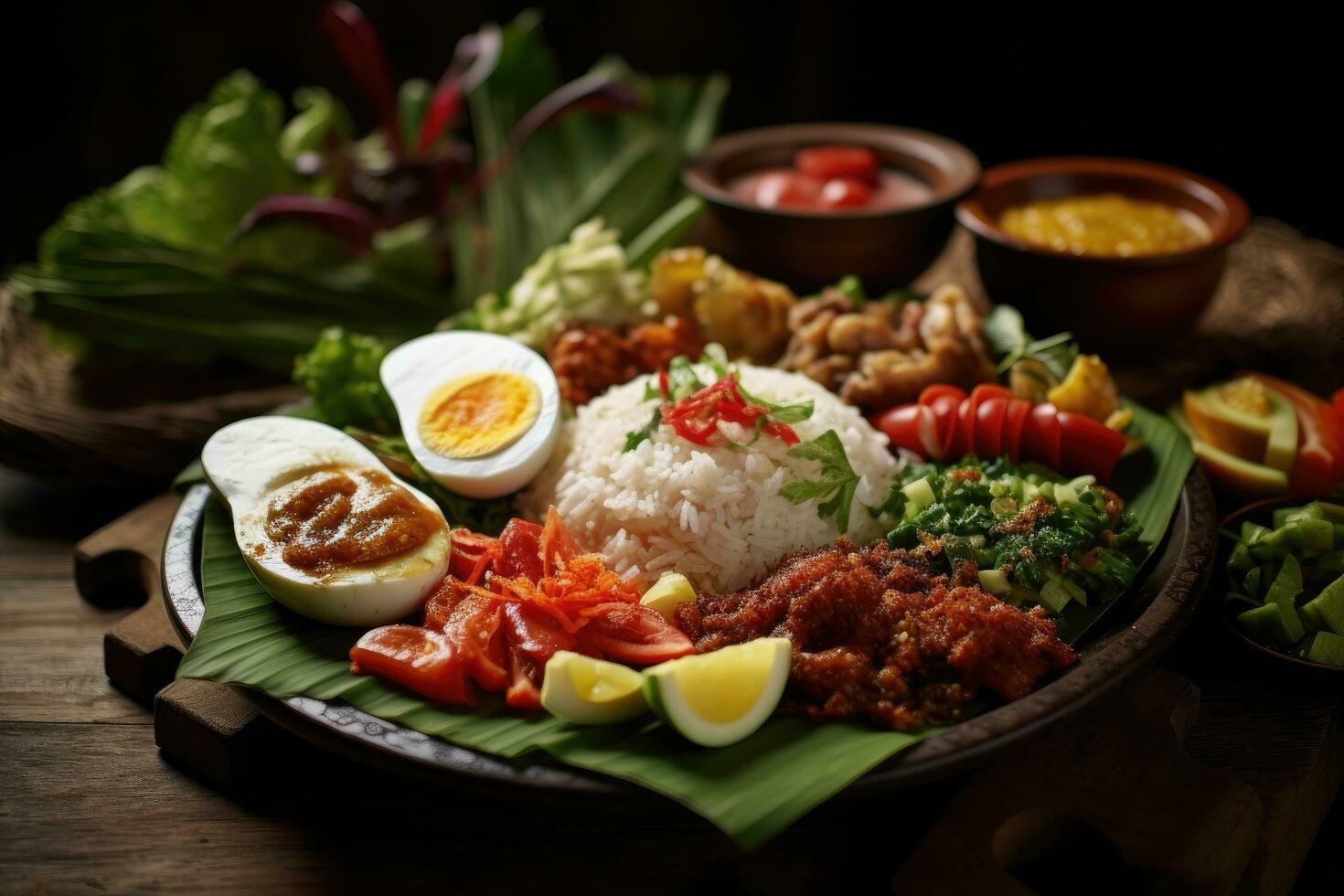 Rice with pork and vegetables in a plate on a wooden table, Indonesian traditional bali food. Indonesia, AI Generated photo