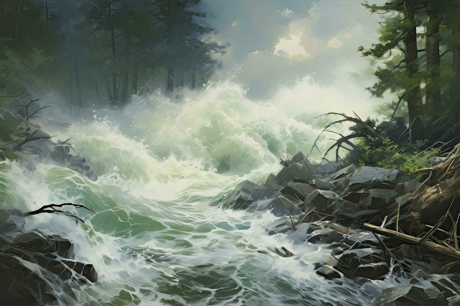 Digital painting of a waterfall in a pine forest, with water splashes, impressionism painting of tidal wave and woodland colliding in nature, AI Generated photo