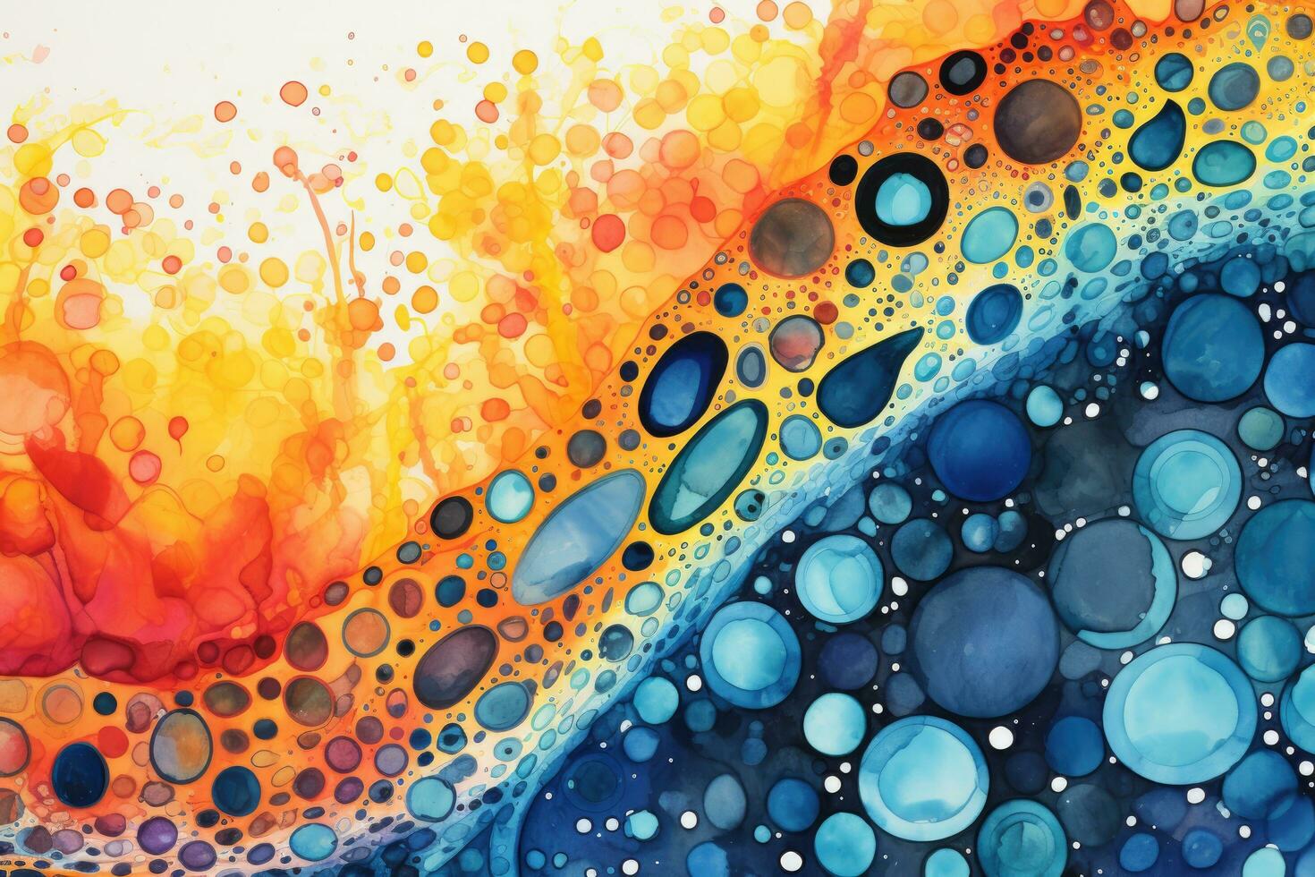 Abstract watercolor painted background. Colorful spots and splashes, illustration of Fusion between Pointillism and Alcohol ink painting, AI Generated photo