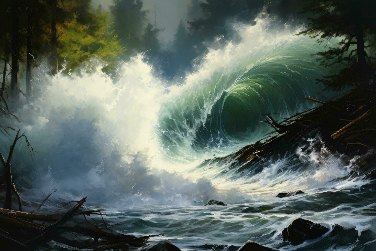 digital pintura de un Tormentoso Oceano ola estrellarse en el rocas, impresionismo pintura de de marea ola y bosque chocando en naturaleza, ai generado foto
