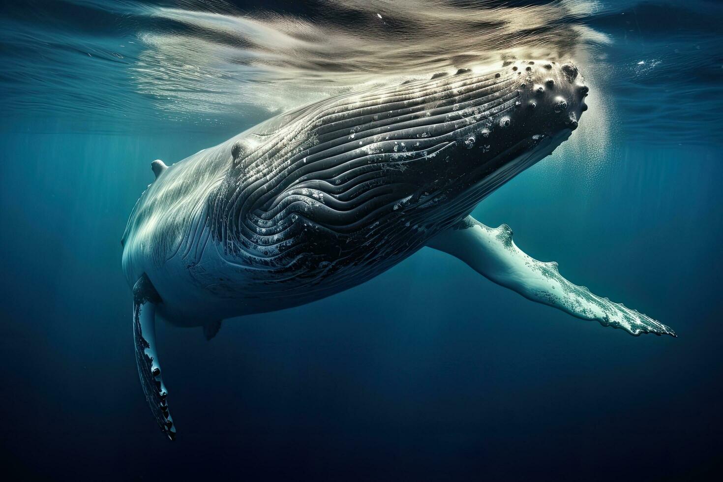Humpback whale in the deep blue ocean. 3d rendering, Humpback whale underwater in the Caribbean, AI Generated photo