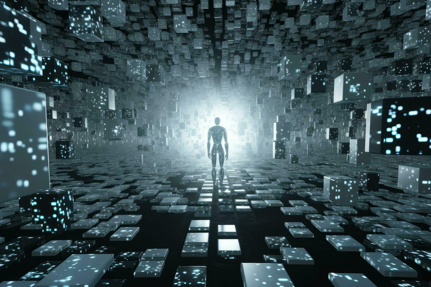 Futuristic cyberspace with human figure and glowing lights 3D rendering, humanoid robot walks through  the  fourth dimension space , AI Generated photo
