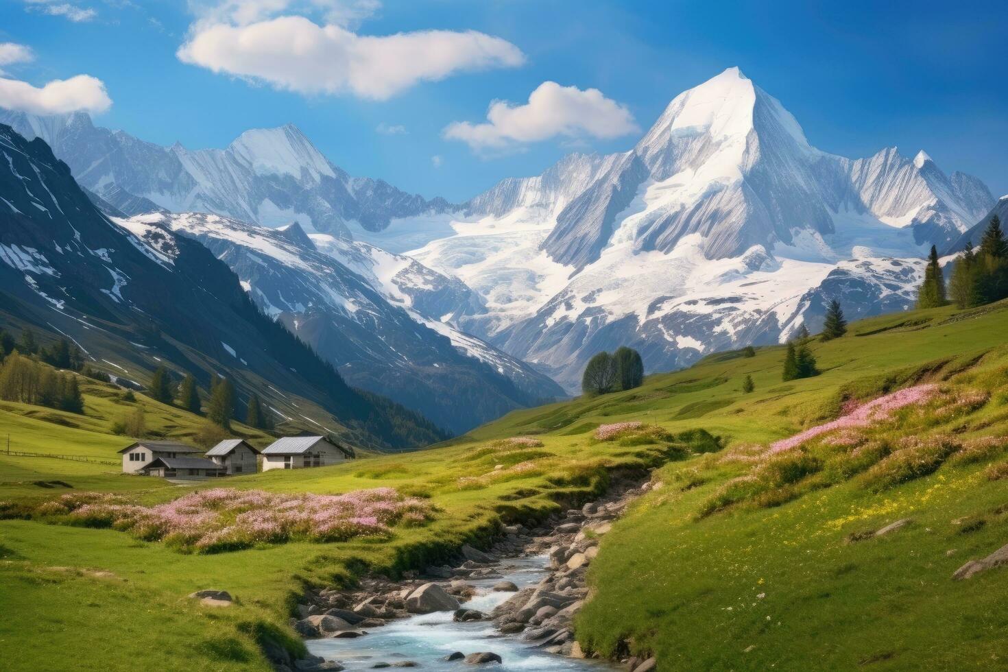 hermosa primavera paisaje en el suizo Alpes, Suiza, idílico montaña paisaje en el Alpes con floreciente prados en primavera, ai generado foto