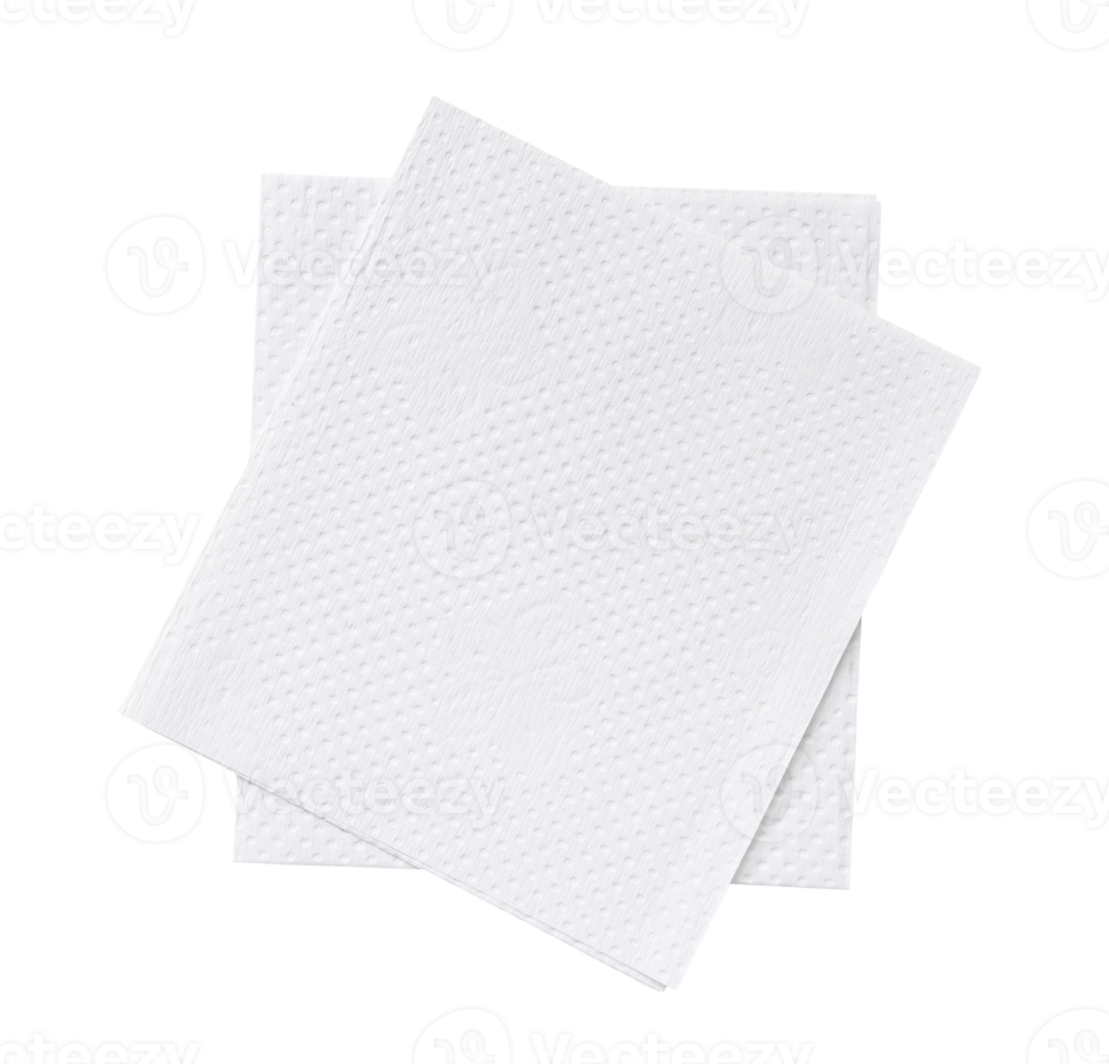 Top view of two folded pieces of white tissue paper or napkin in stack isolated with clipping path in png file format
