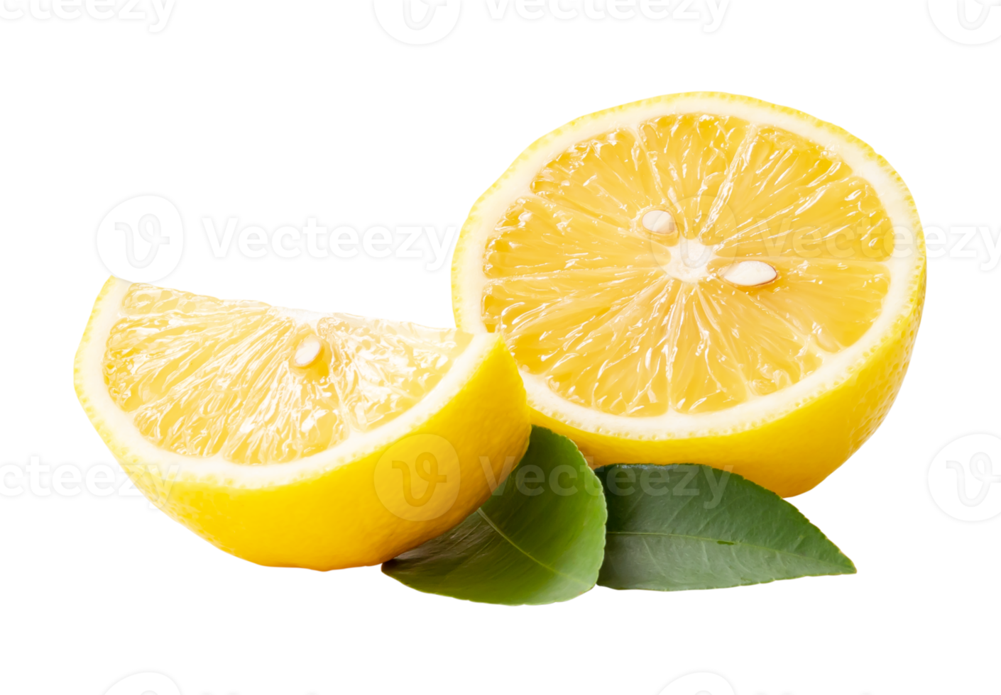 Front view of beautiful yellow lemon half with slice isolated with clipping path in png file format