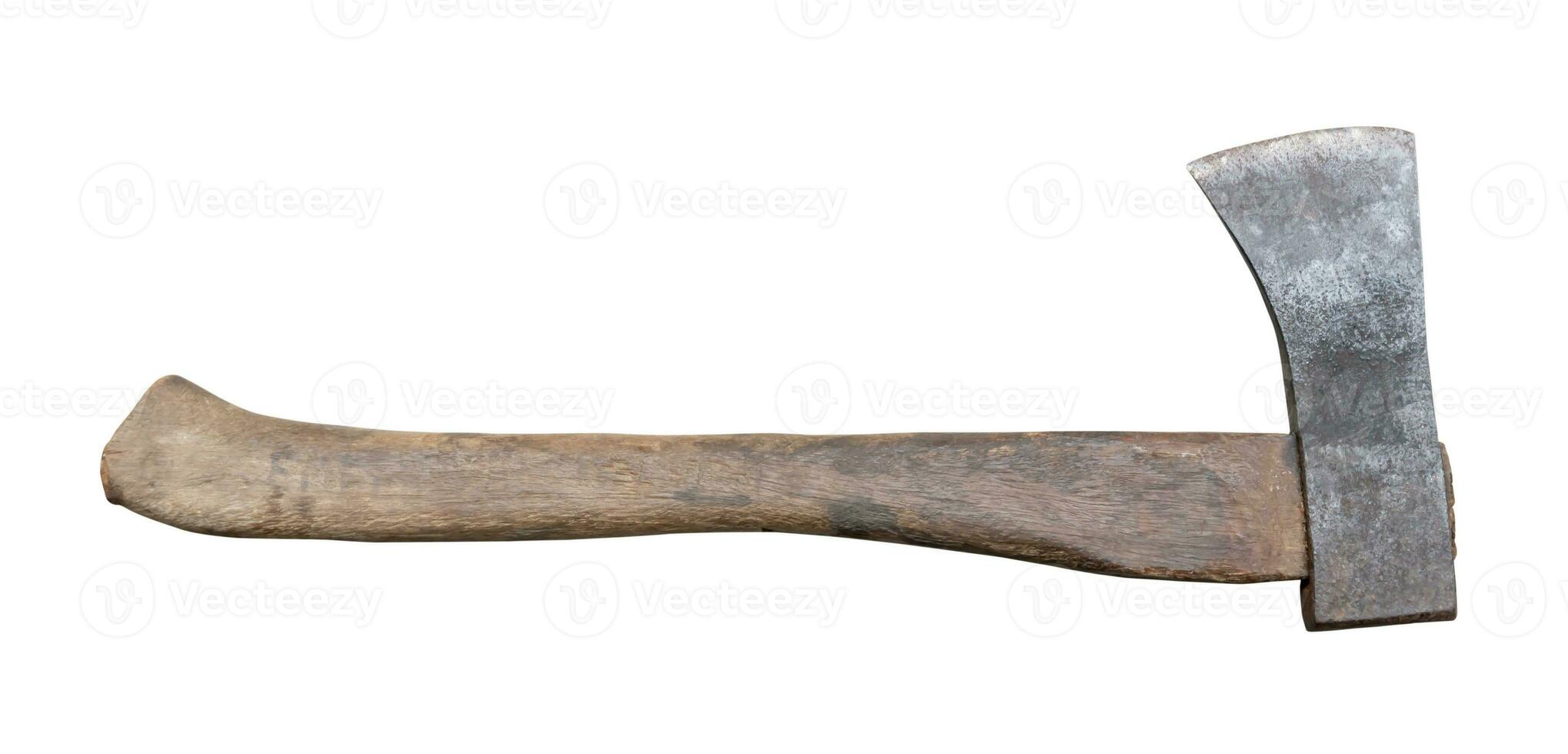 Old rust dirty dark gray axe with brown wooden handle isolated on white background with clipping path photo