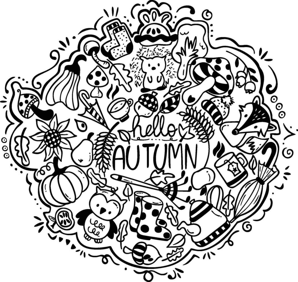 Cute autumn black line drawing illustration in the doodle style vector