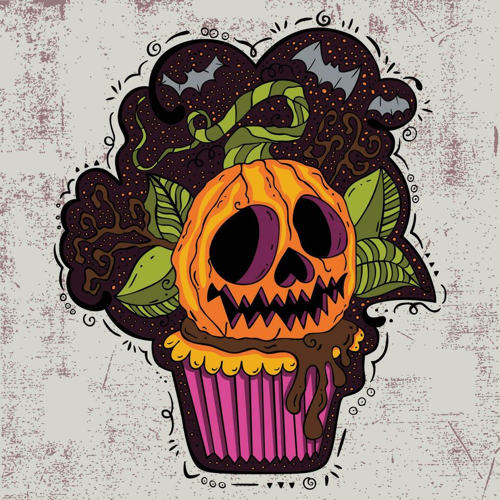 Halloween doodle colorful illustration with pumpkin cupcake vector