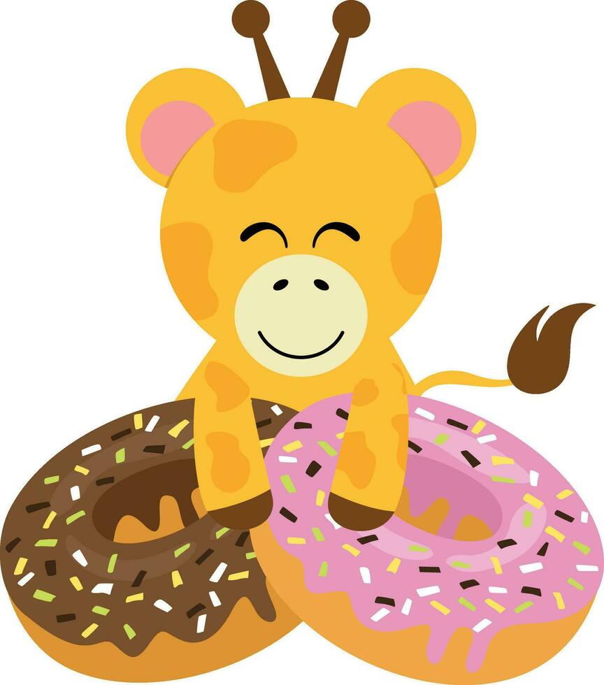 Funny giraffe with strawberry and chocolate donuts vector