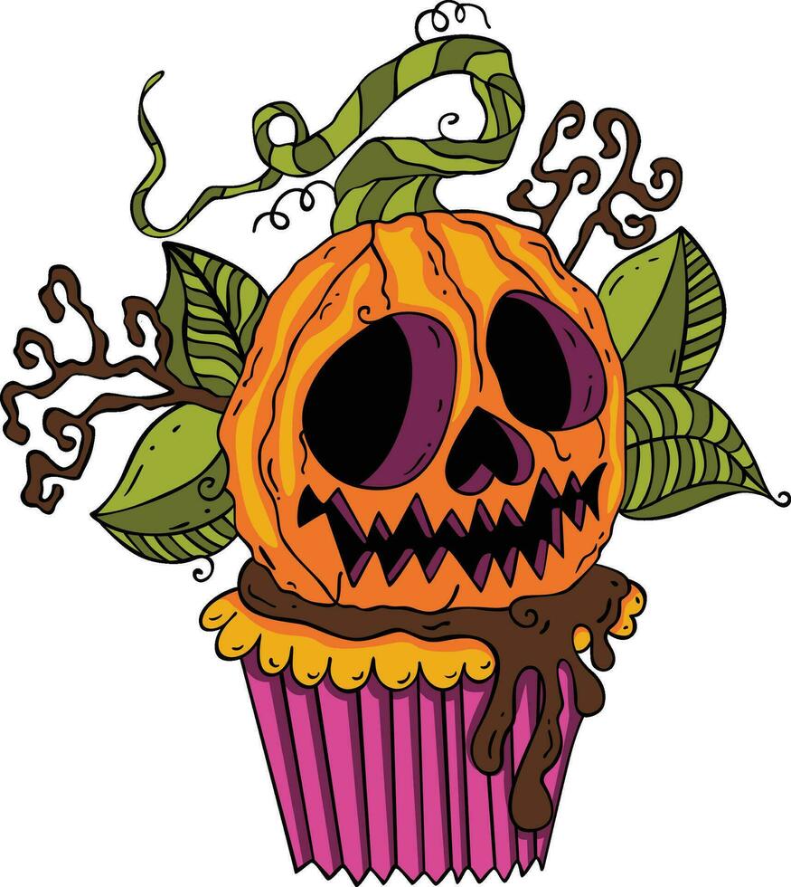 Cupcake with Halloween pumpkin with leaves vector