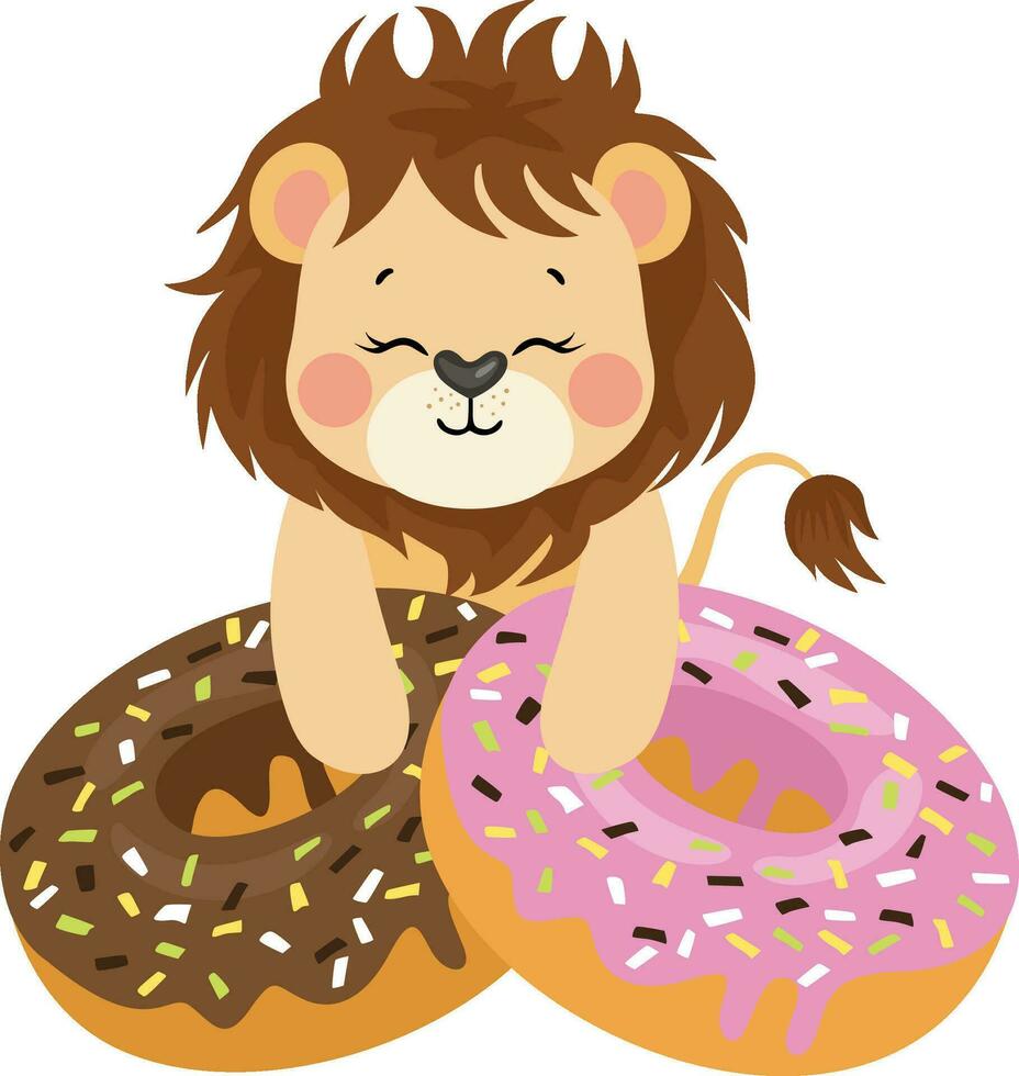 Funny lion with strawberry and chocolate donuts vector