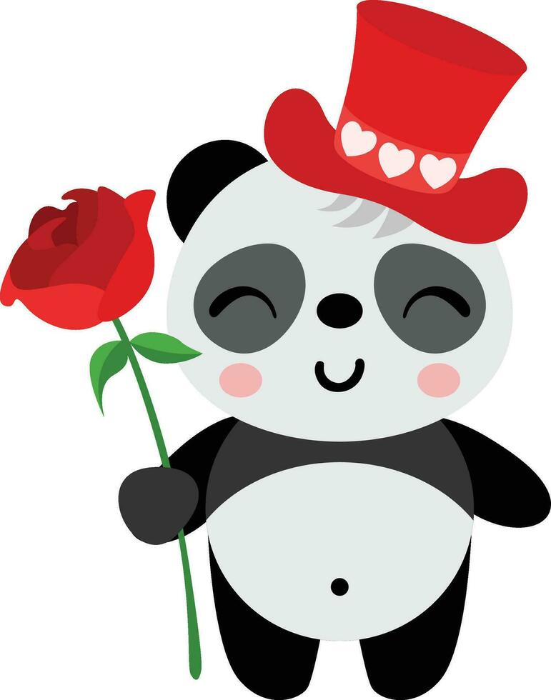 Valentine panda with red hat holding a red rose vector