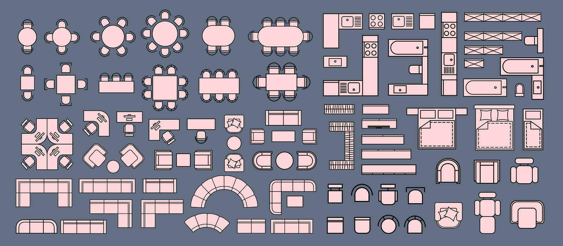 mueble para el piso plan. parte superior ver mesas, camas, sillas, sofás, armarios, cocina muebles, etc. Perfecto para interior estado animico tableros y planificación bocetos arquitectónico. vector