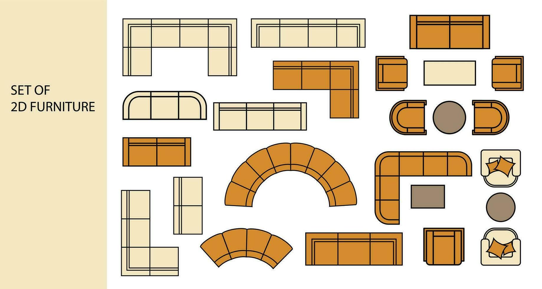 mueble para el piso plan. parte superior ver sofás, sillones, y café mesas. Perfecto para interior estado animico tableros y planificación bocetos arquitectónico. vector