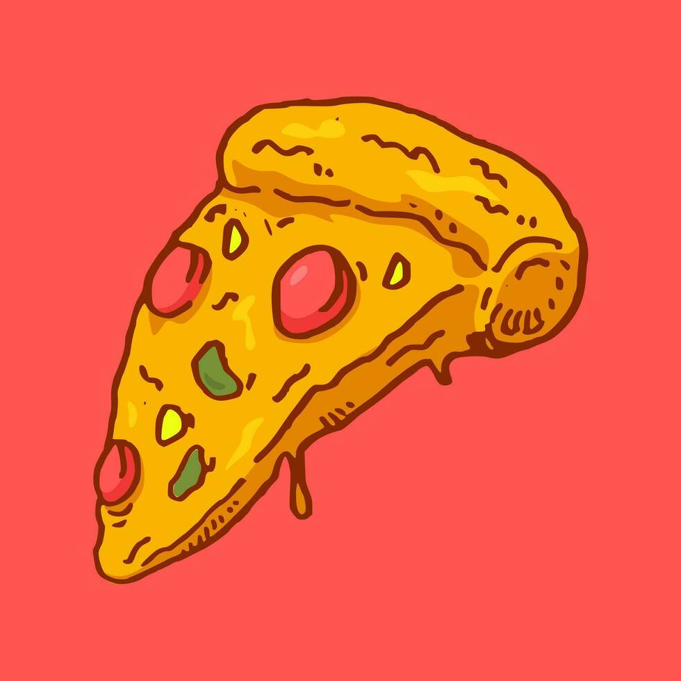 Pizza rebanada en mano dibujado y de colores estilo. vector ilustración.