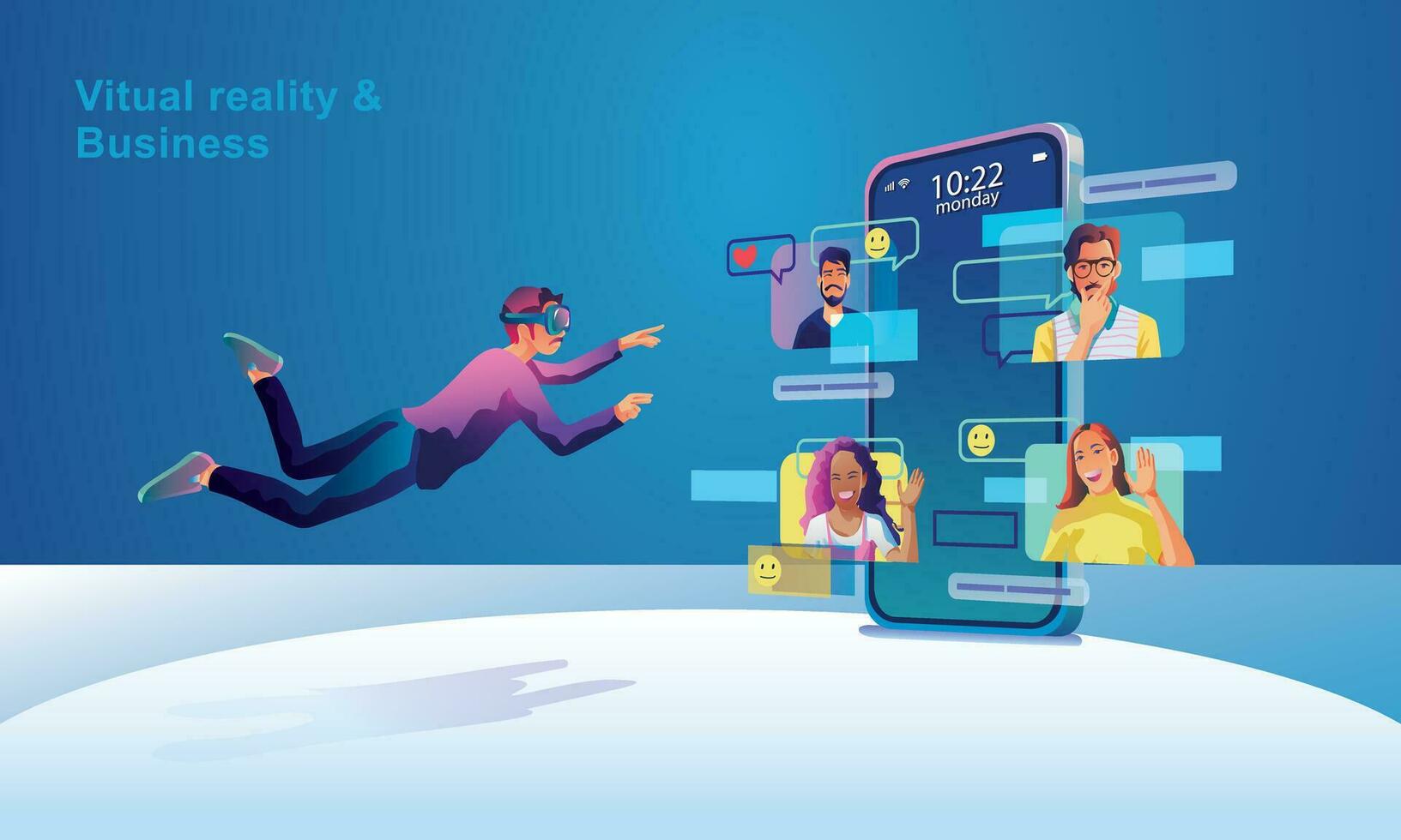 Businessman wearing a VR headset floating in cyberspace. Simulation of the virtual digital world for entertainment and visual experience in the metaverse. Flat vector illustration