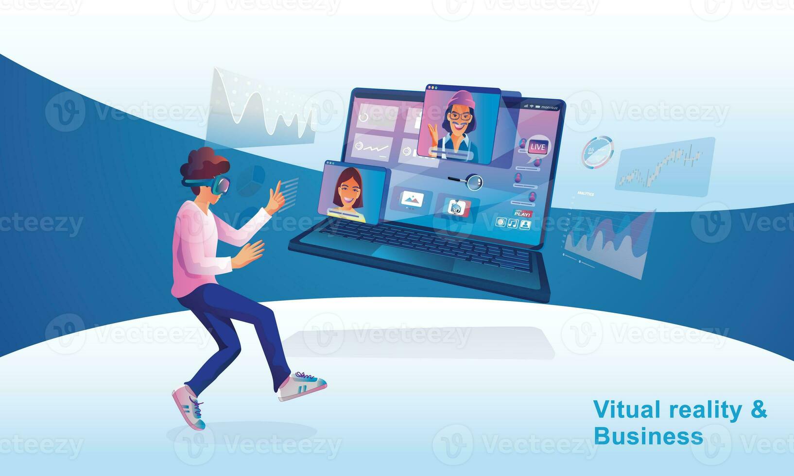 Businessman wearing a VR headset floating in cyberspace. Simulation of the virtual digital world for entertainment and visual experience in the metaverse. Flat vector illustration photo