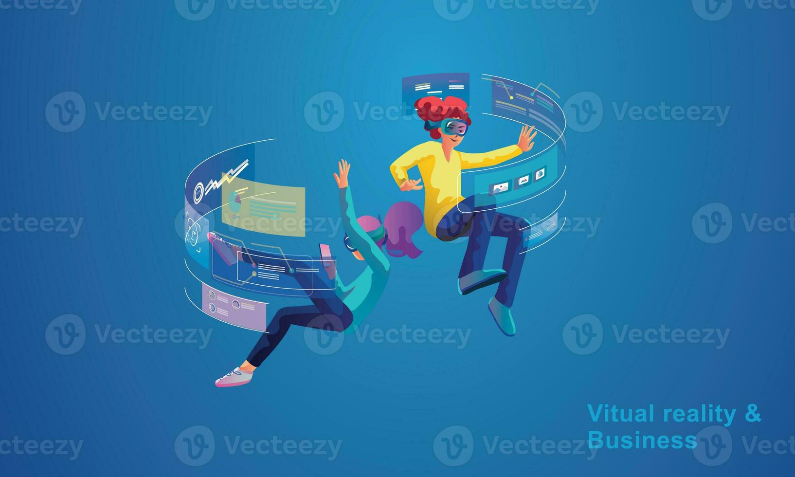 A woman wearing a VR headset floating in cyberspace. Simulation of the virtual digital world for entertainment and visual experience in the metaverse. Flat vector illustration photo