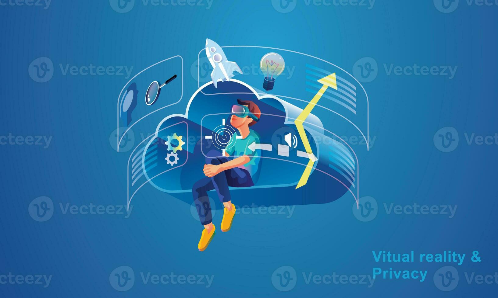 Businessman wearing a VR headset floating in cyberspace. Simulation of the virtual digital world for entertainment and visual experience in the metaverse. Flat vector illustration photo