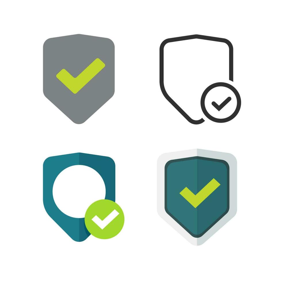 Shield icons set vector symbols, flat cartoon and line outline art security protection or privacy pictogram with checkmarks and ticks, guarantee shield badge or logo idea isolated clipart