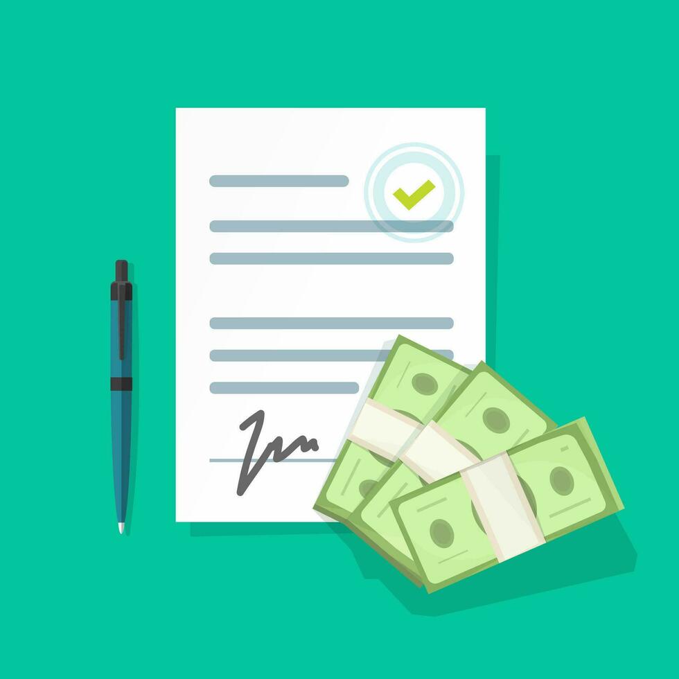 Financial contract with money giving vector illustration, flat cartoon paper document or agreement with signature, stamp and cash as credit or loan isolated, concept or partnership deal revenue image