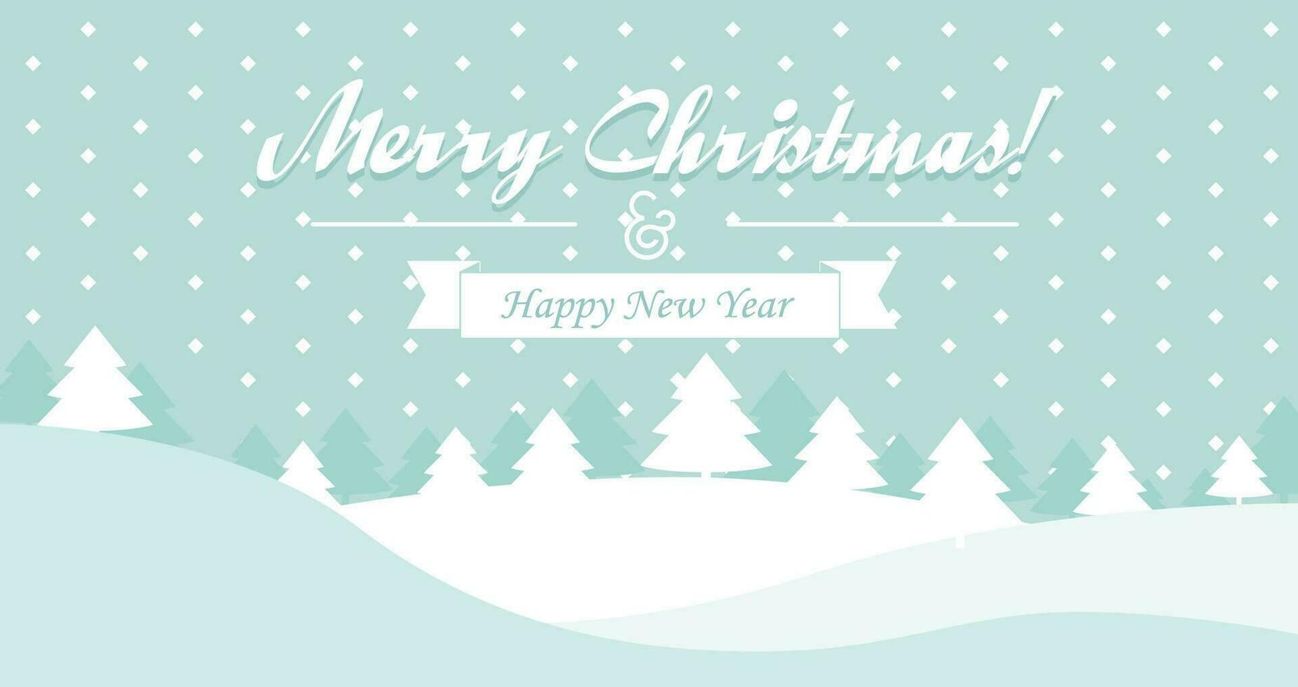 Christmas and new year banner vector background poster, elegant flat pastel color cartoon postcard or cute decoration backdrop for copy space text, winter hills scene with xmas fir trees with snow