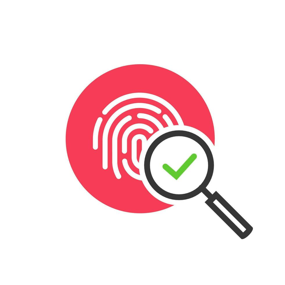 Fingerprint identification check or access approved vector icon, line outline art design of thumb print and magnifying glass with checkmark symbol, accepted identity scan circle red pictogram