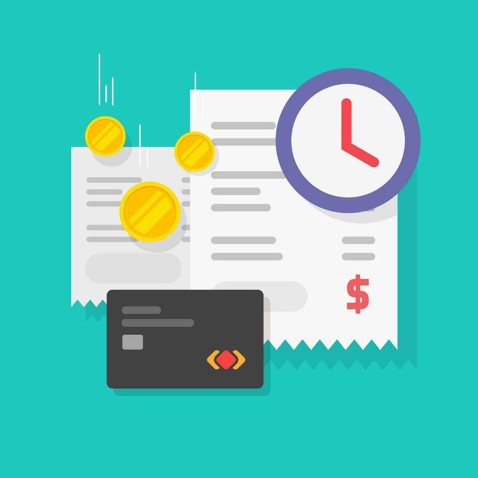 Tax payment time reminder or bill money transaction waiting vector, flat cartoon timer or clock with cash and paper receipts, deadline time or pay process vector