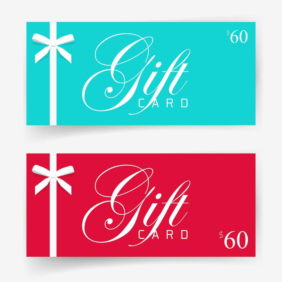 Gift card with thin white bow ribbon vector illustration, modern flat design of voucher or certificate template with text blue and red color, elegant coupon offer image