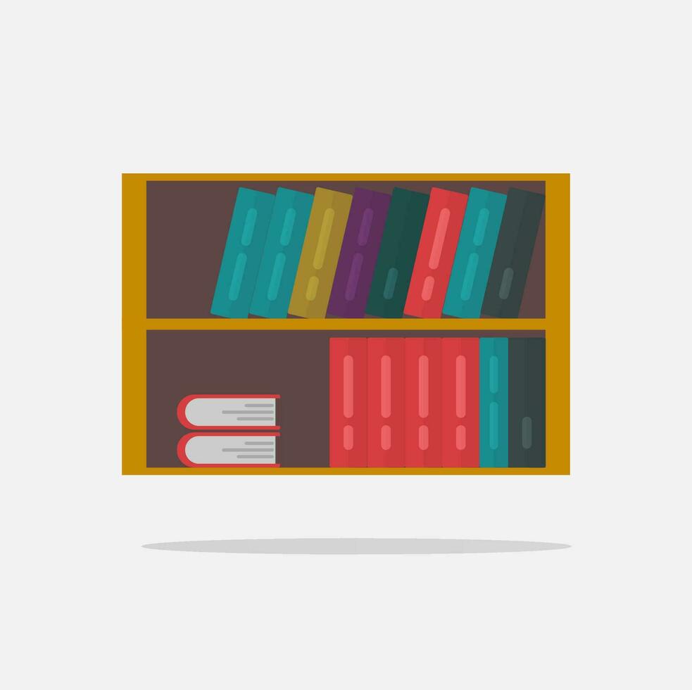 Bookshelf vector illustration isolated, flat cartoon shelf with books or bookcase clipart
