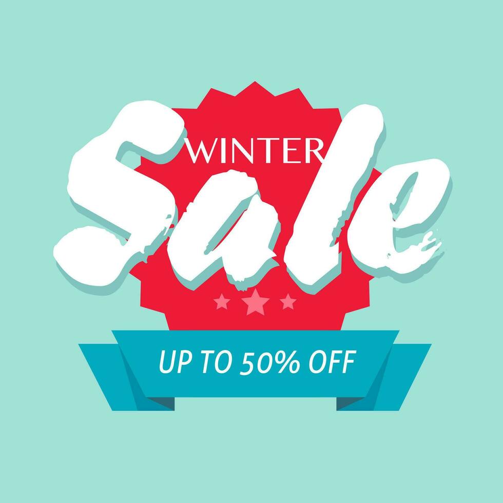 Winter sale off or seasonal discount banner design vector symbol, flat cartoon promotion or clearance background template sign with up to 50 percent off, clearance special offer blue red