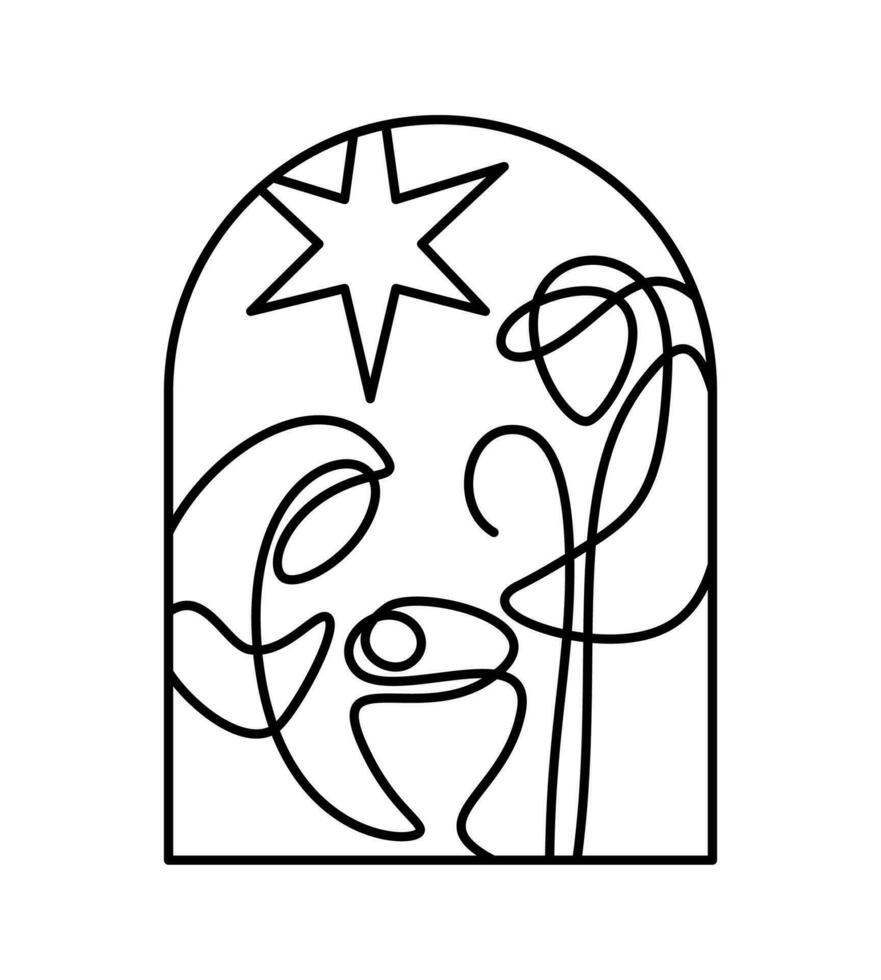 Baby Jesus with Mary and Joseph. Christmas Vector Christian icon religious Nativity Scene of Logo illustration sketch. Doodle hand drawn with black lines isolated on white background