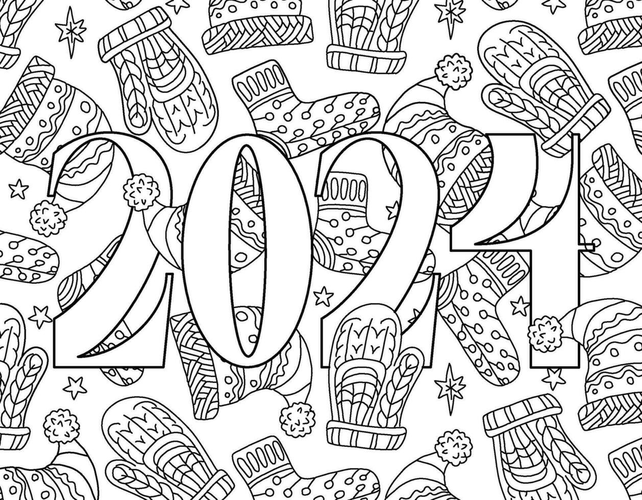 Hand drawing coloring page for kids and adults. Holiday greeting card Happy New Year 2024, Merry Christmas. Beautiful drawing with patterns and small details. Children Colouring book pictures. Vector