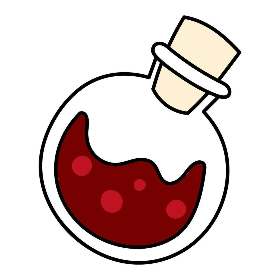 Cute doodle illustration in flat style, potion in glass bottle isolated on white background. Witch items, witchcraft. vector